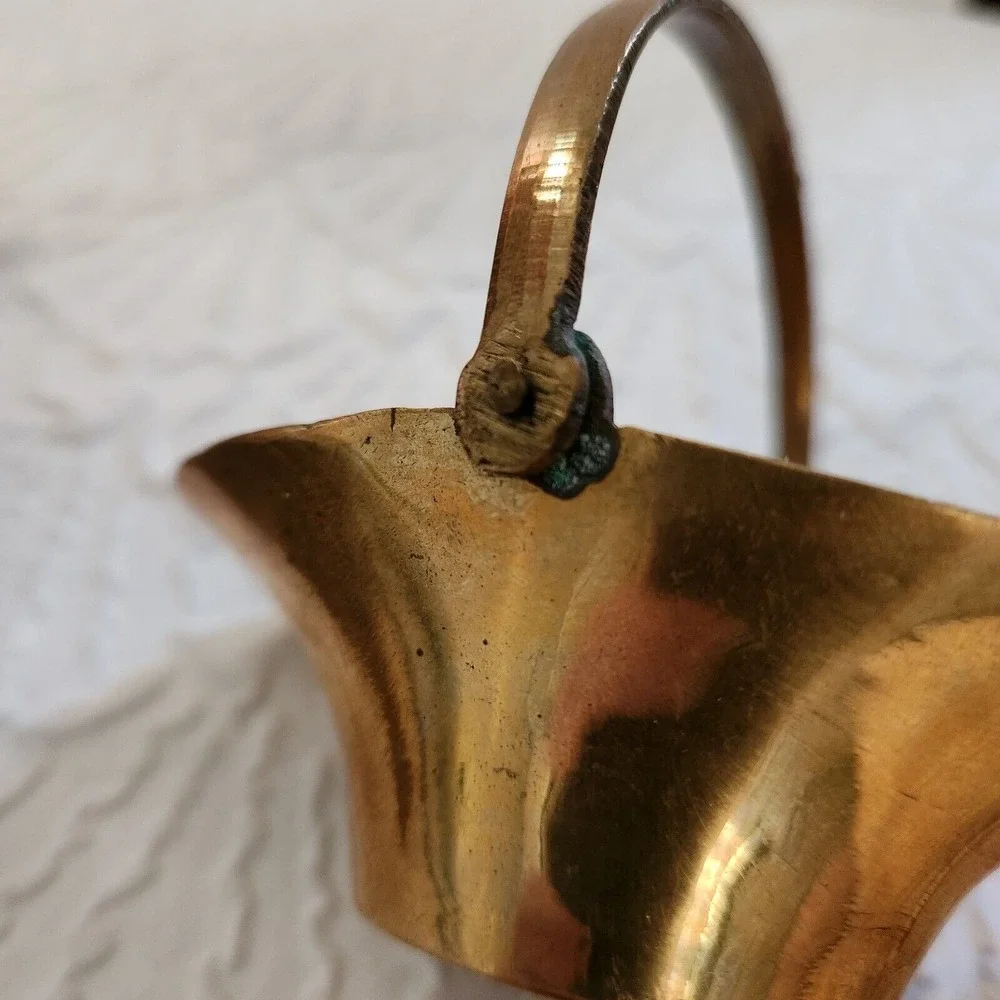 Vintage Miniature Brass Trinket Ring Flower Basket with Handle Made In India‎